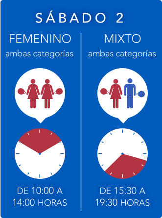 S Á BADO 2 DE 15:30 A 19:30 HORAS MIXTO ambas categorías DE 10:00 A 14:00 HORAS FEMENINO ambas categorías