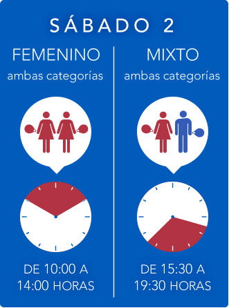 S Á BADO 2 DE 15:30 A 19:30 HORAS MIXTO ambas categorías DE 10:00 A 14:00 HORAS FEMENINO ambas categorías