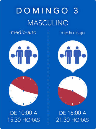 DOMIN G O 3 DE 16:00 A 21:30 HORAS medio-bajo DE 10:00 A 15:30 HORAS medio-alto MASCULINO