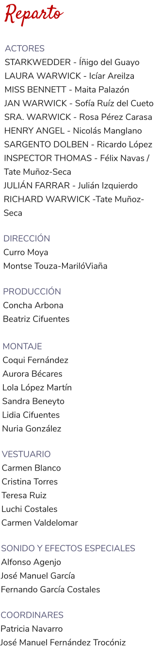 Reparto  ACTORES STARKWEDDER - Íñigo del Guayo LAURA WARWICK - Icíar Areilza MISS BENNETT - Maita Palazón JAN WARWICK - Sofía Ruíz del Cueto SRA. WARWICK - Rosa Pérez Carasa HENRY ANGEL - Nicolás Manglano SARGENTO DOLBEN - Ricardo López INSPECTOR THOMAS - Félix Navas / Tate Muñoz-Seca JULIÁN FARRAR - Julián Izquierdo RICHARD WARWICK -Tate Muñoz-Seca  DIRECCIÓN Curro Moya Montse Touza-MarilóViaña  PRODUCCIÓN Concha Arbona Beatriz Cifuentes  MONTAJE Coqui Fernández Aurora Bécares Lola López Martín Sandra Beneyto Lidia Cifuentes Nuria González  VESTUARIO Carmen Blanco Cristina Torres Teresa Ruiz Luchi Costales Carmen Valdelomar  SONIDO Y EFECTOS ESPECIALES Alfonso Agenjo José Manuel García Fernando García Costales  COORDINARES Patricia Navarro José Manuel Fernández Trocóniz